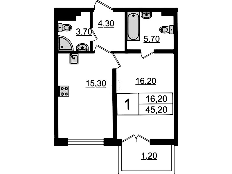 1-комнатная квартира 45.2 м², 5/8 эт., Клубный дом «МИРЪ»
