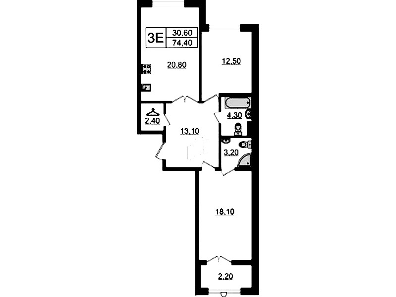 2-комнатная квартира 74.4 м², 6/8 эт., Клубный дом «МИРЪ»