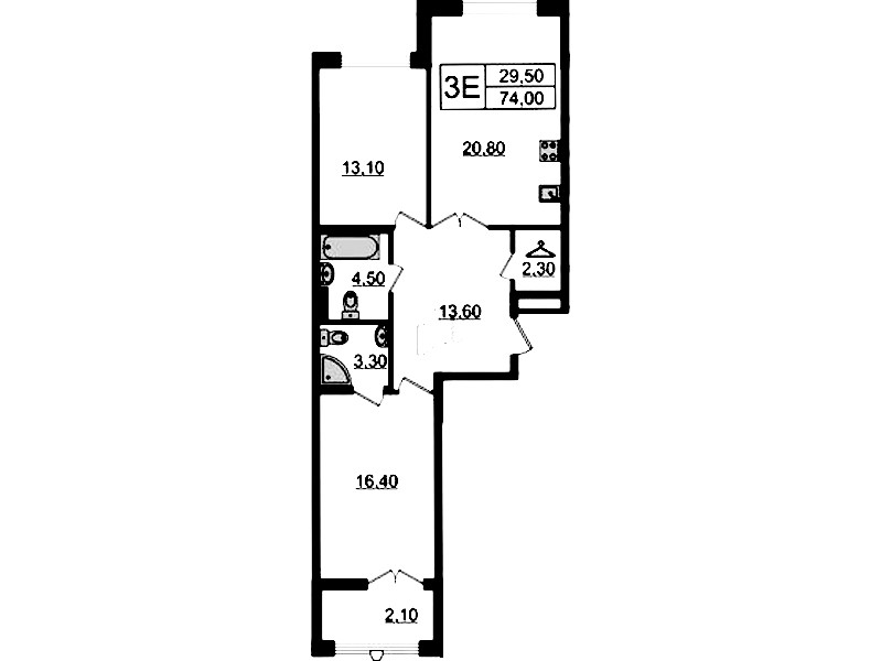 2-комнатная квартира 74 м², 6/8 эт., Клубный дом «МИРЪ»