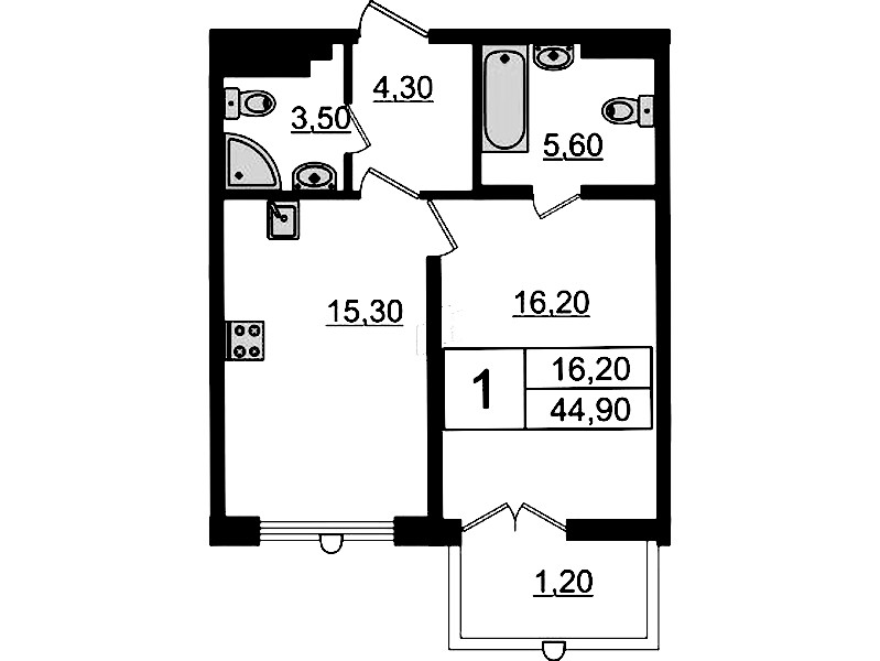 1-комнатная квартира 44.9 м², 7/8 эт., Клубный дом «МИРЪ»