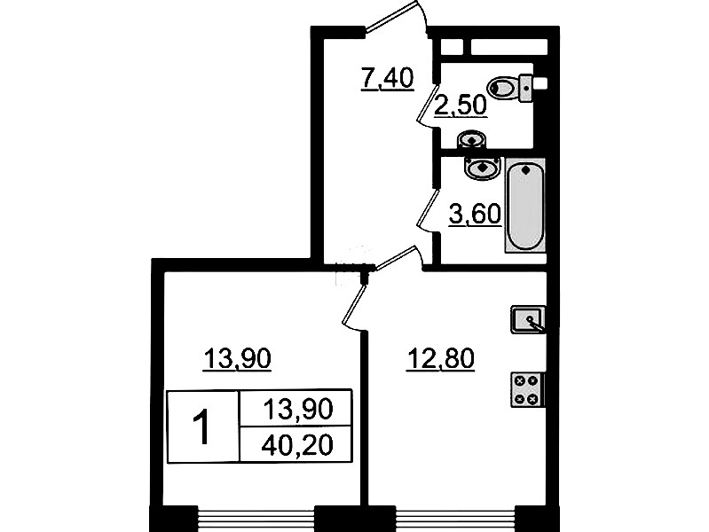1-комнатная квартира 40.2 м², 5/7 эт., Клубный дом «МИРЪ»