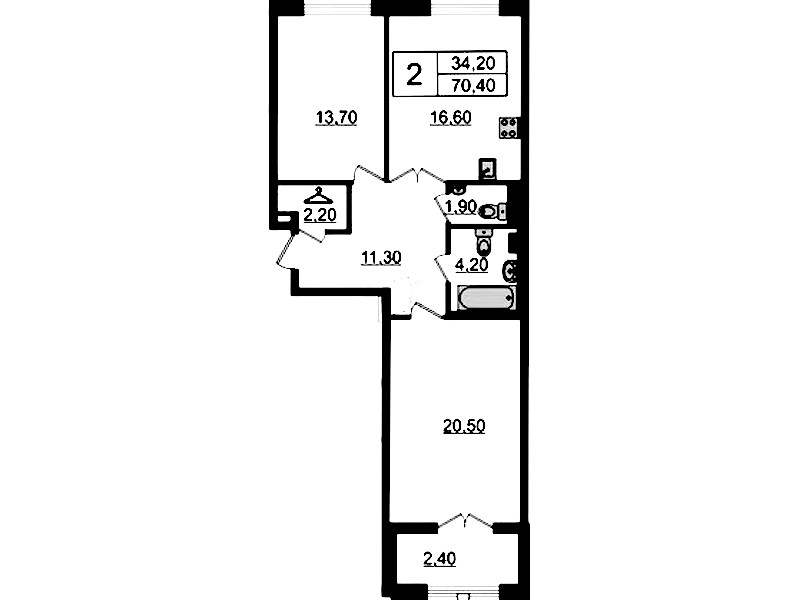 2-комнатная квартира 70.4 м², 6/7 эт., Клубный дом «МИРЪ»