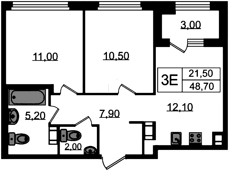 2-комнатная квартира 48.7 м², 3/13 эт., ЖК «Куинджи»