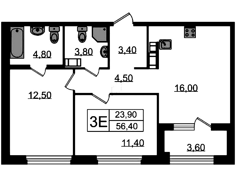 2-комнатная квартира 57.8 м², 9/14 эт., ЖК «Куинджи»
