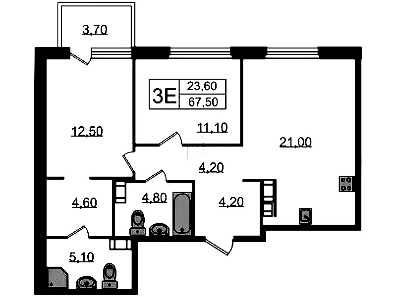 2-комнатная квартира 69.3 м², 12/14 эт., ЖК «Куинджи»