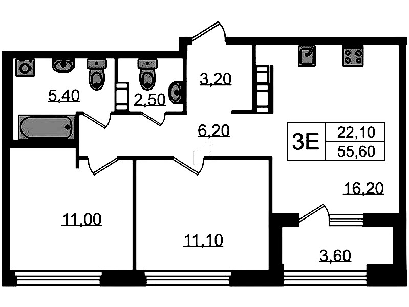 2-комнатная квартира 55.6 м², 13/14 эт., ЖК «Куинджи»