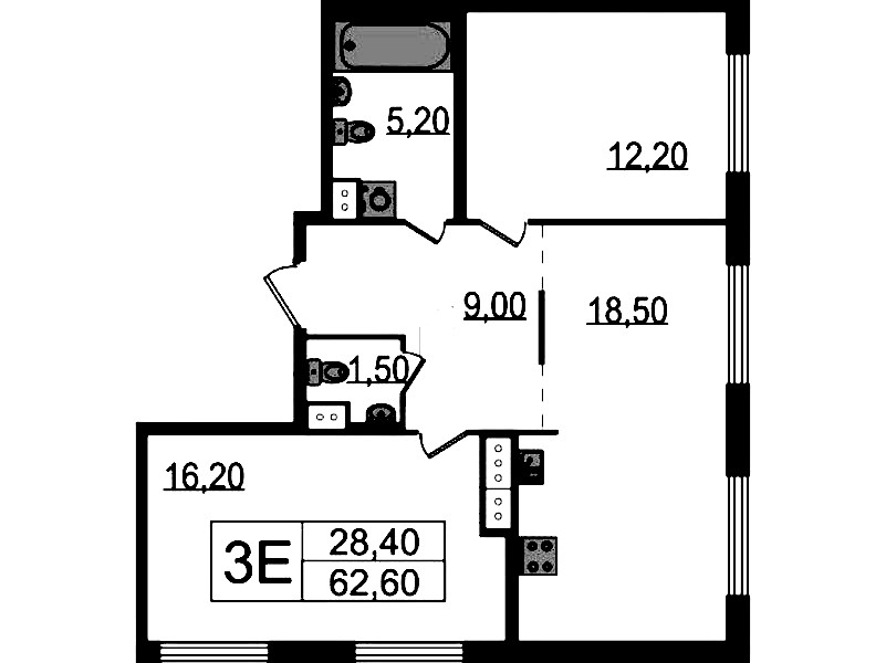 2-комнатная квартира 62.6 м², 6/15 эт., ЖК «Струны»