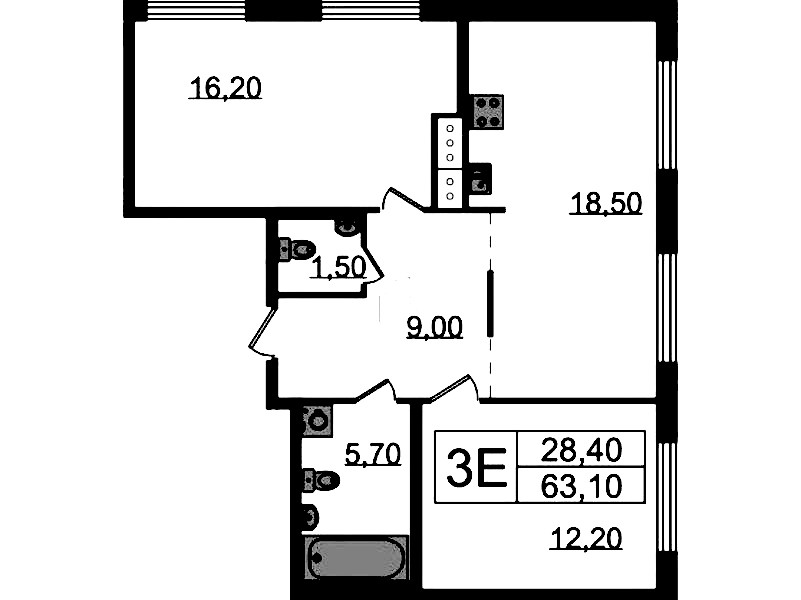 2-комнатная квартира 63 м², 2/15 эт., ЖК «Струны»