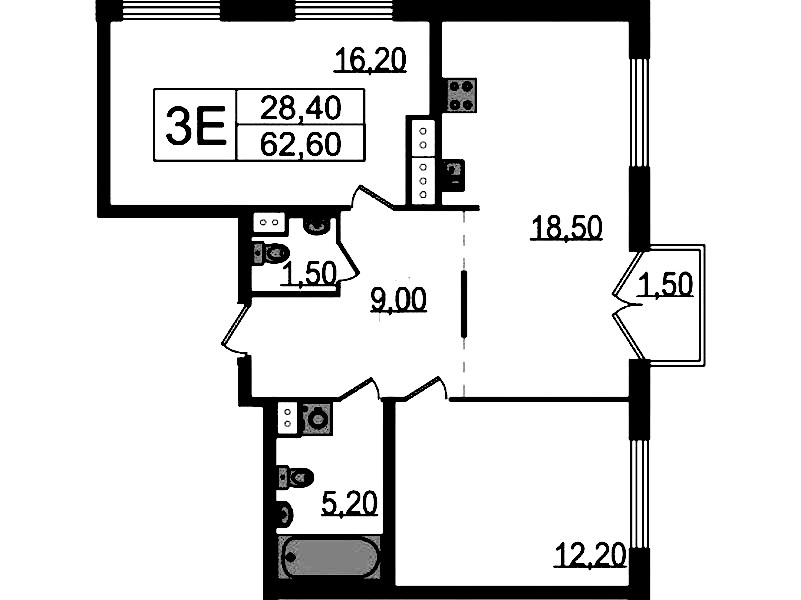 2-комнатная квартира 62.6 м², 9/15 эт., ЖК «Струны»