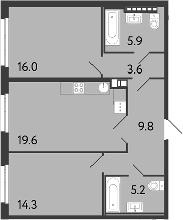 2-комнатная квартира 74.4 м², 4/9 эт., ЖК «Визионер»