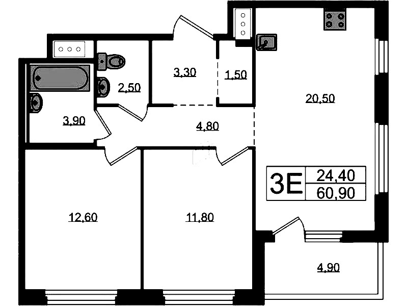 2-комнатная квартира 63.35 м², 8/12 эт., ЖК «Литера»