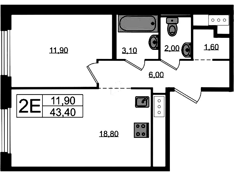 1-комнатная квартира 43.4 м², 8/8 эт., ЖК «Литера»