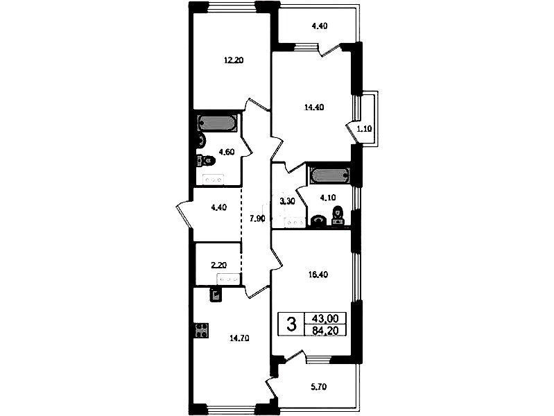 3-комнатная квартира 84.2 м², 4/12 эт., ЖК «Литера»