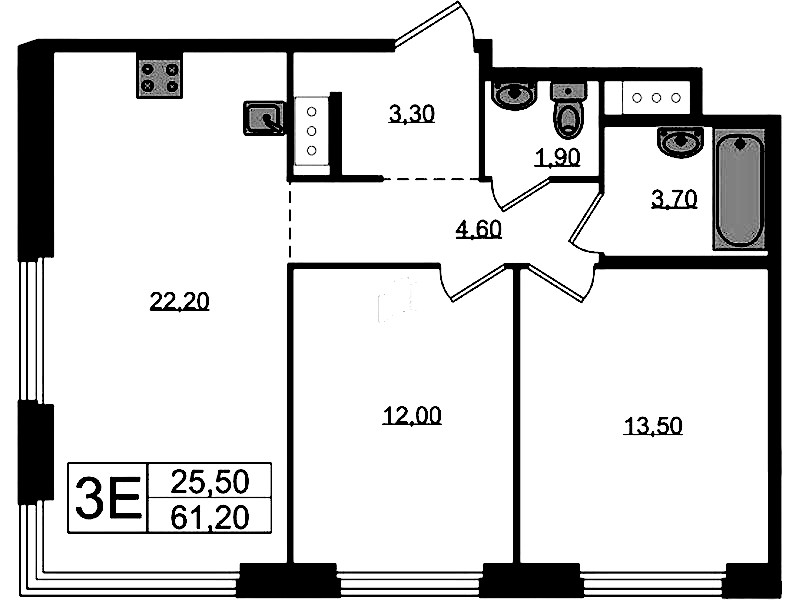 2-комнатная квартира 61.2 м², 7/12 эт., ЖК «Литера»