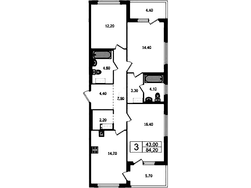 3-комнатная квартира 89.25 м², 10/12 эт., ЖК «Литера»