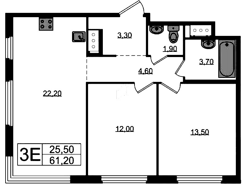 2-комнатная квартира 61.2 м², 11/12 эт., ЖК «Литера»