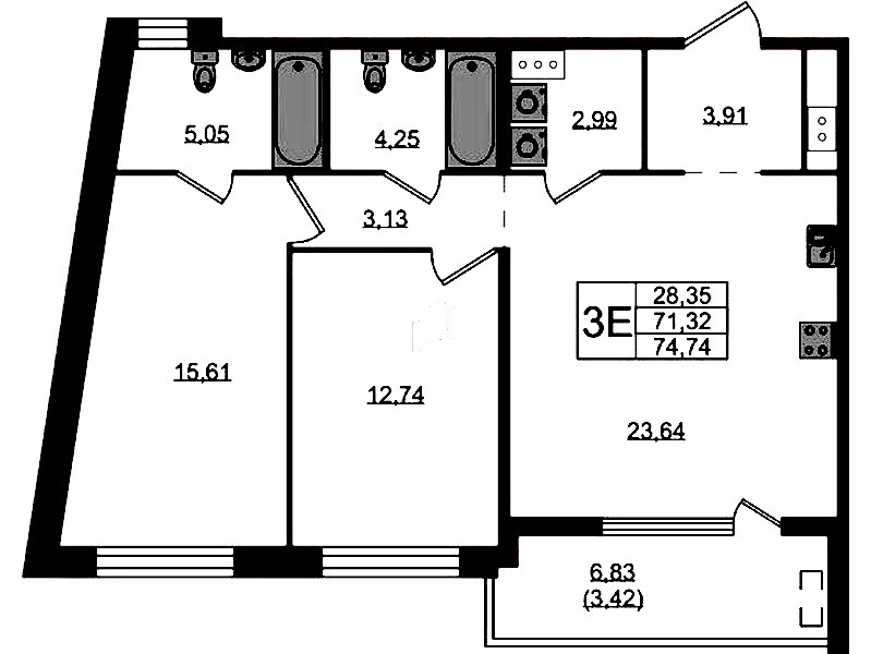 2-комнатная квартира 74.74 м², 4/10 эт., ЖК «N8»