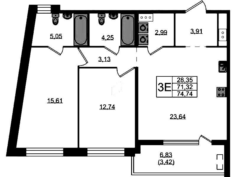 2-комнатная квартира 74.74 м², 7/10 эт., ЖК «N8»