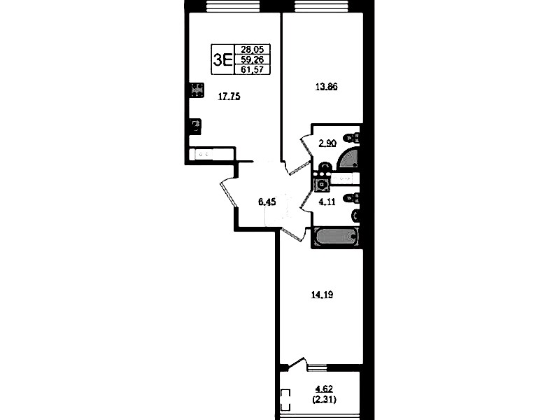 2-комнатная квартира 61.57 м², 8/10 эт., ЖК «N8»